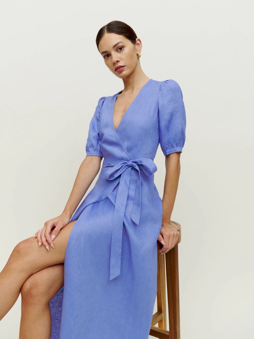 Reformation Cornflower Blue Weiss Linen Puff Sleeve Wrap Maxi Dress - Medium